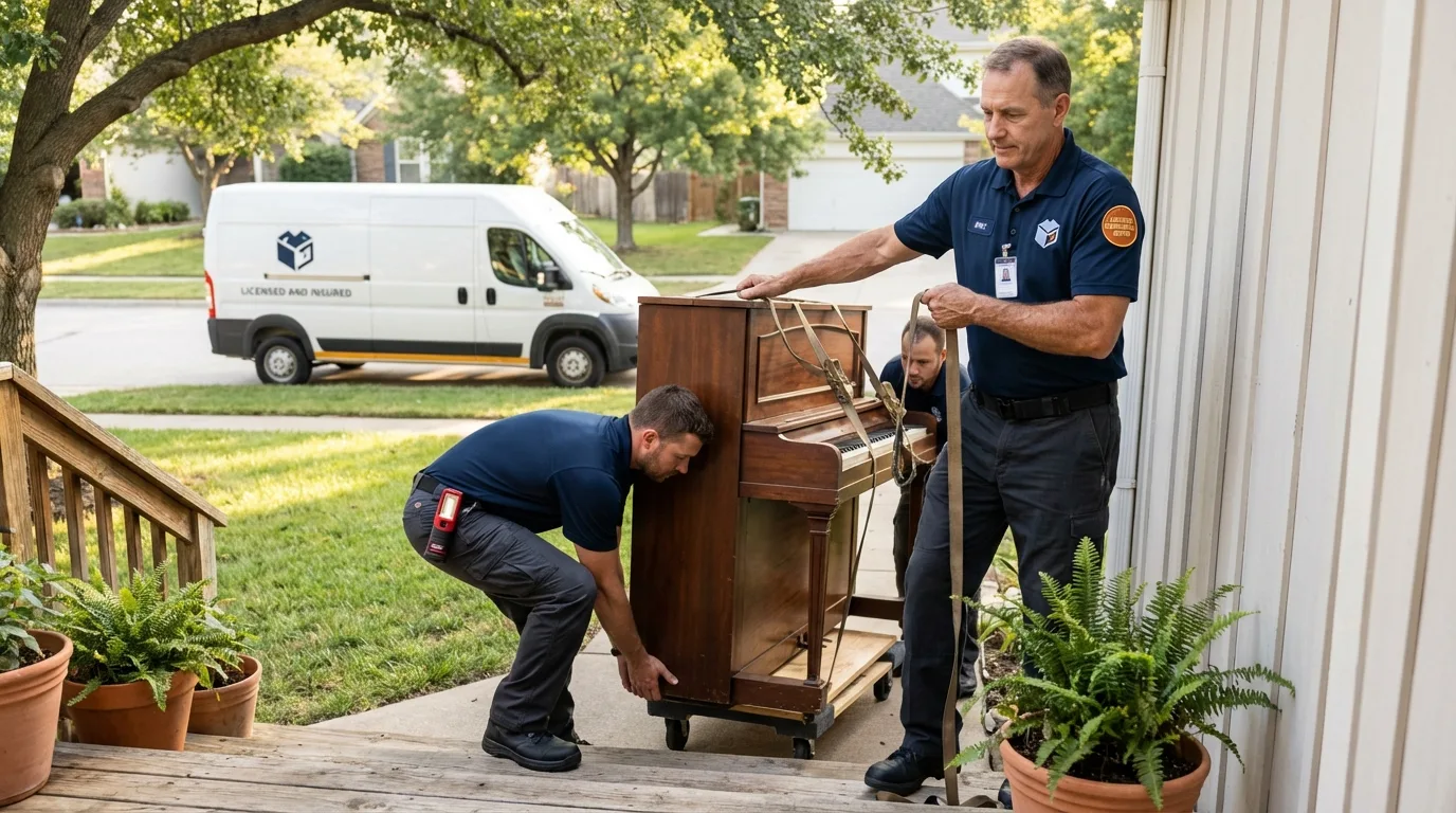 Licensed piano movers securing grand piano in Wrens, GA