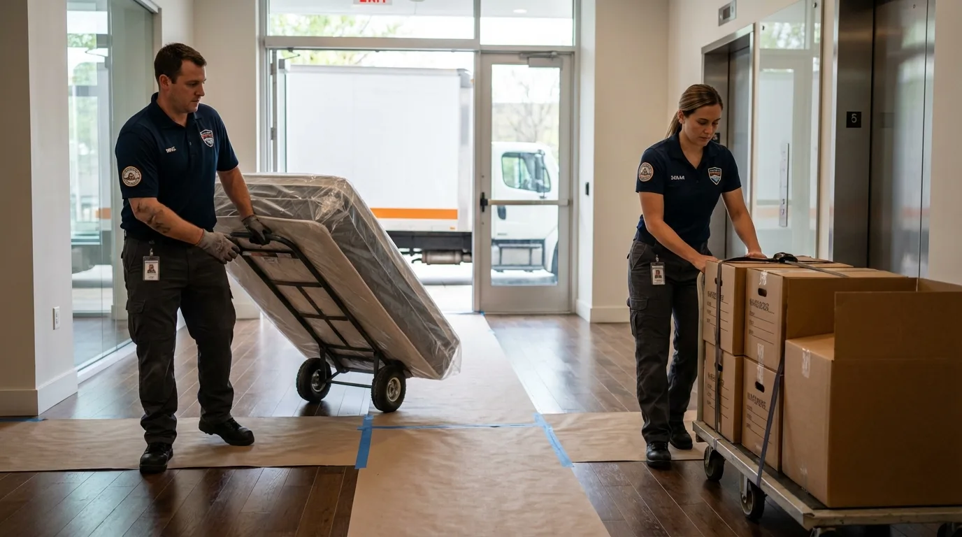 Professional apartment movers loading elevator in Wrens, GA